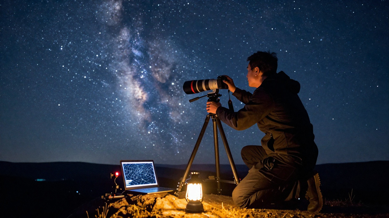 Homem a fotografar a Via Láctea com telemóvel e computador portátil numa noite estrelada.