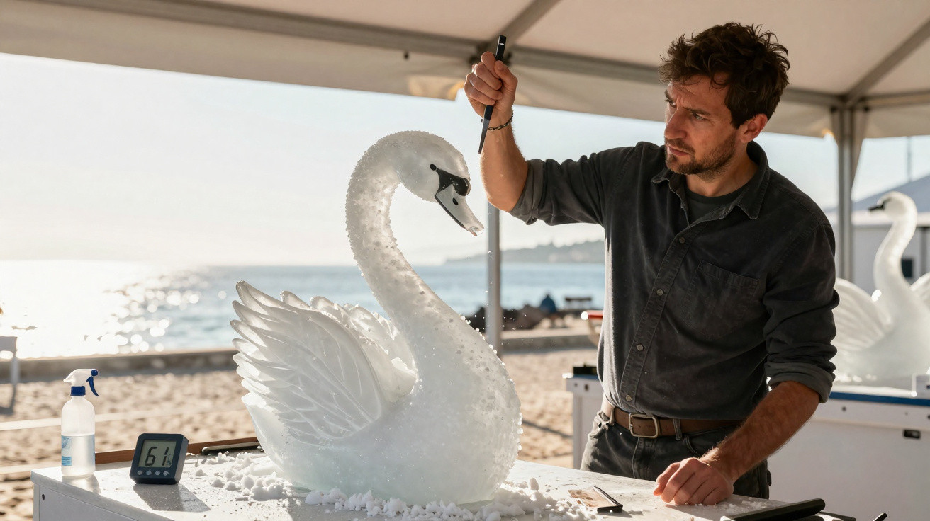 Homem esculpindo um grande cisne branco em espuma numa praia sob tenda.