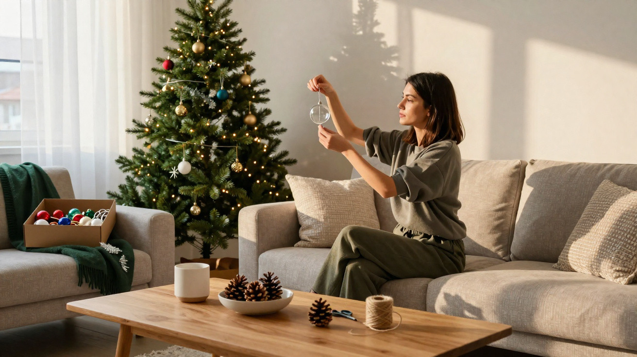 Mulher sentada no sofá a decorar árvore de Natal com bolas transparentes numa sala iluminada.