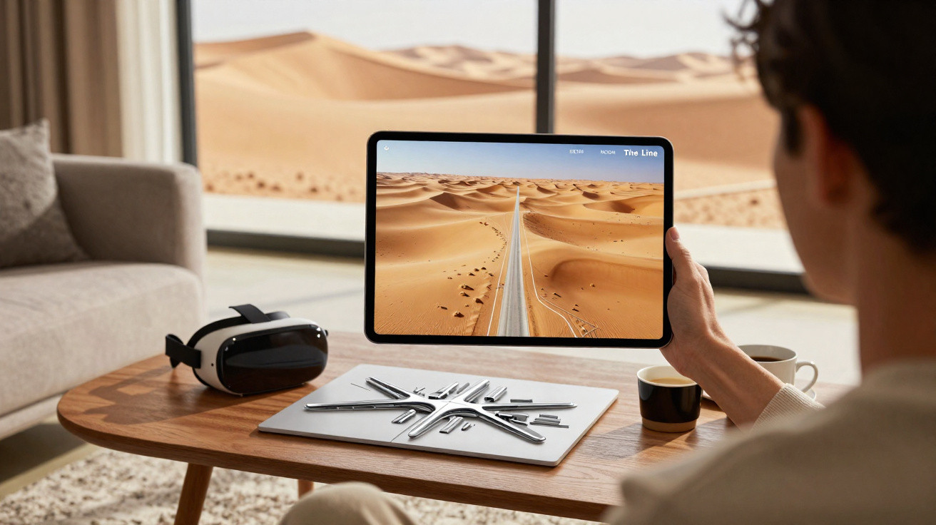 Pessoa a segurar tablet com imagem de estrada no deserto, sentado numa sala moderna com mesa e óculos VR.