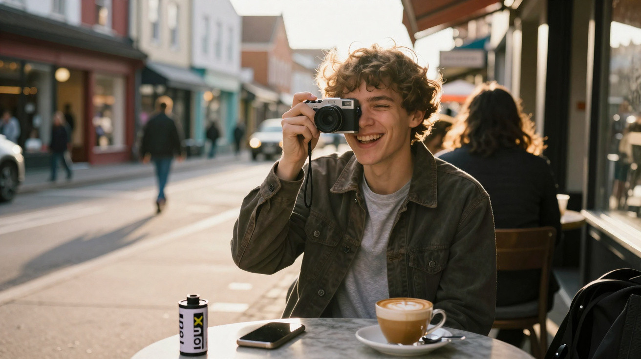 Jovem sorridente tira foto com câmara analógica sentado numa esplanada com café numa mesa.