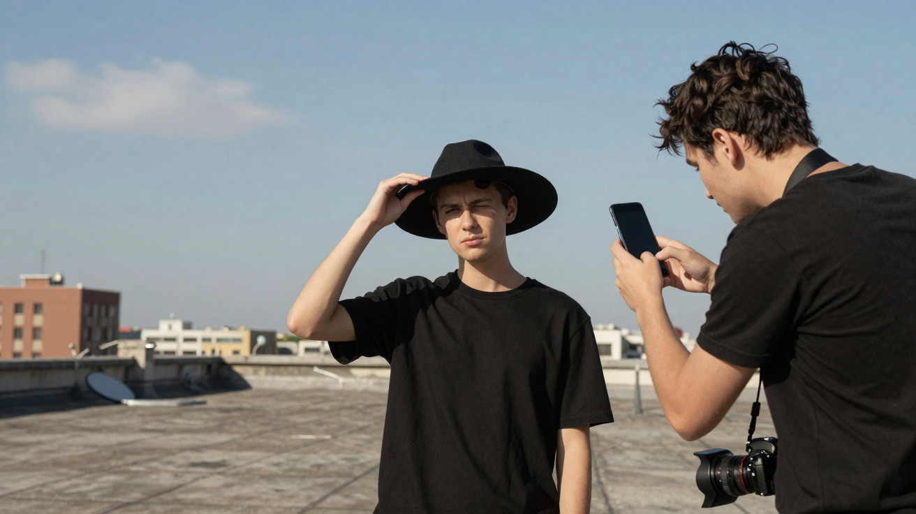 Jovem com chapéu preto a posar enquanto outro tira fotografia com smartphone num terraço ao ar livre.