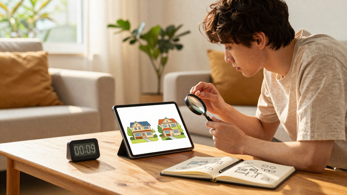 Jovem analisa planta de casas no tablet usando lupa, com caderno de desenhos na mesa da sala.