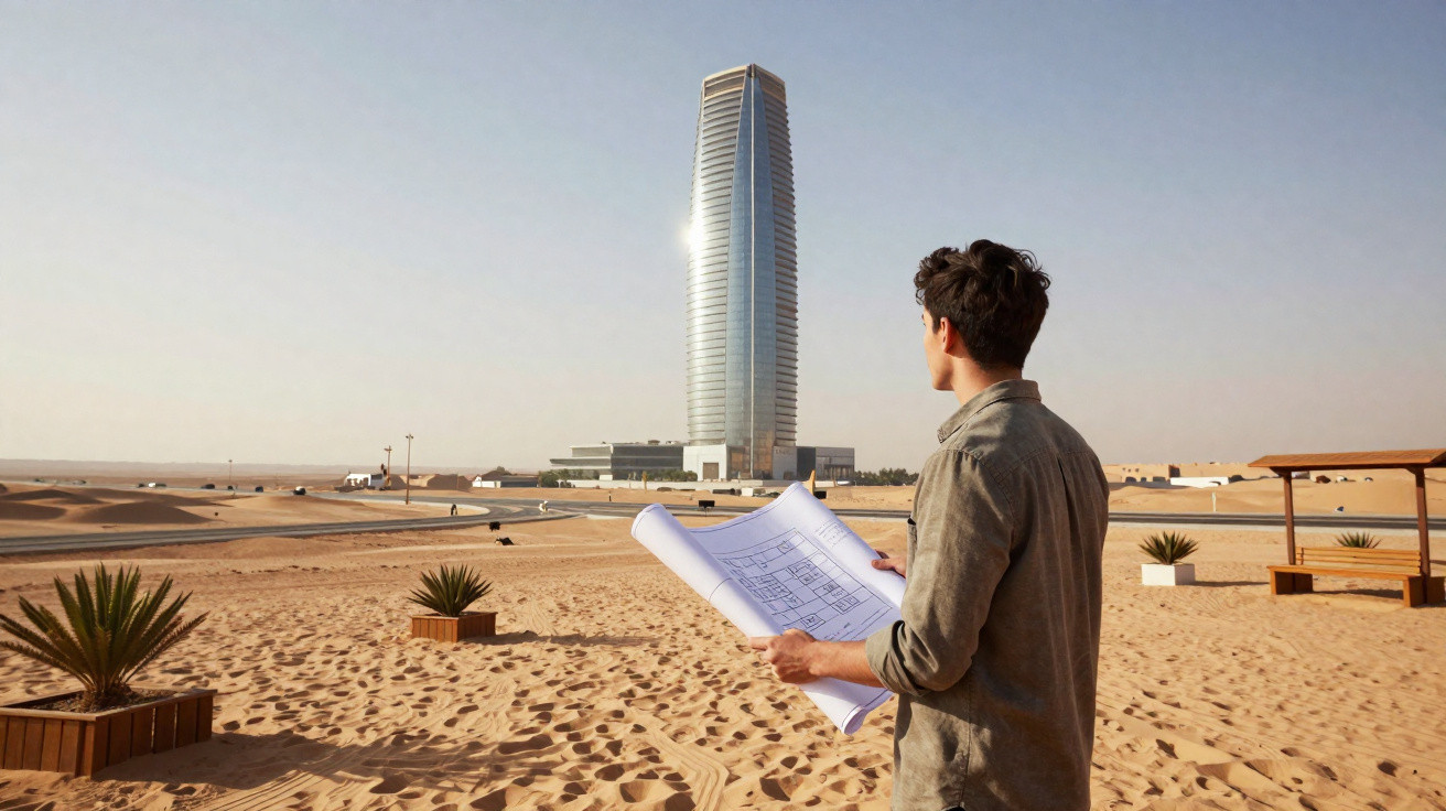 Homem a observar torre alta e moderna no meio do deserto, segurando plantas arquitetónicas.