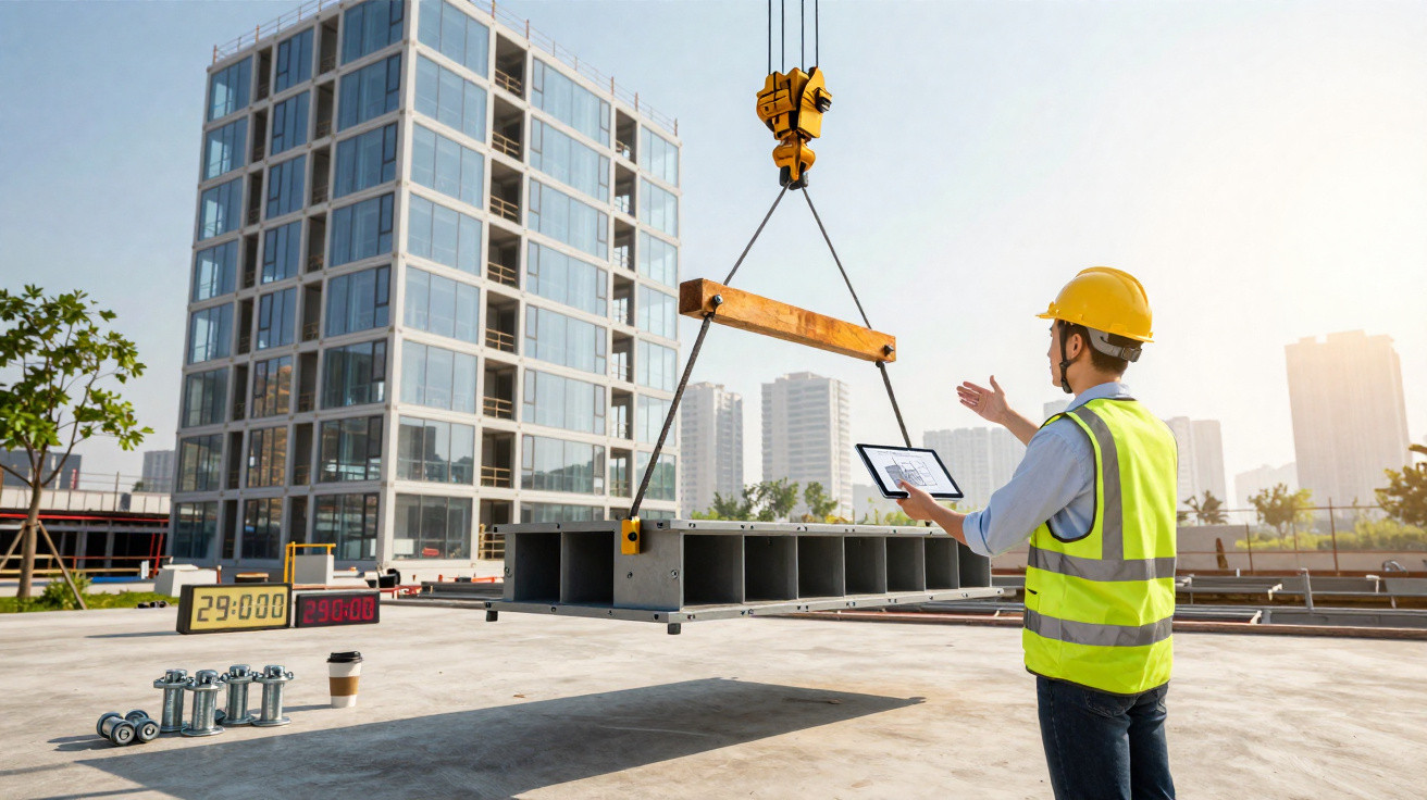 Engenheiro com capacete e colete a controlar movimentação de estrutura metálica numa obra urbana.