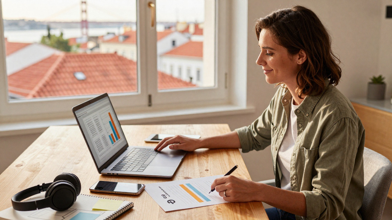 Mulher a trabalhar em laptop com gráficos, a fazer anotações num documento, num ambiente luminoso com janela.