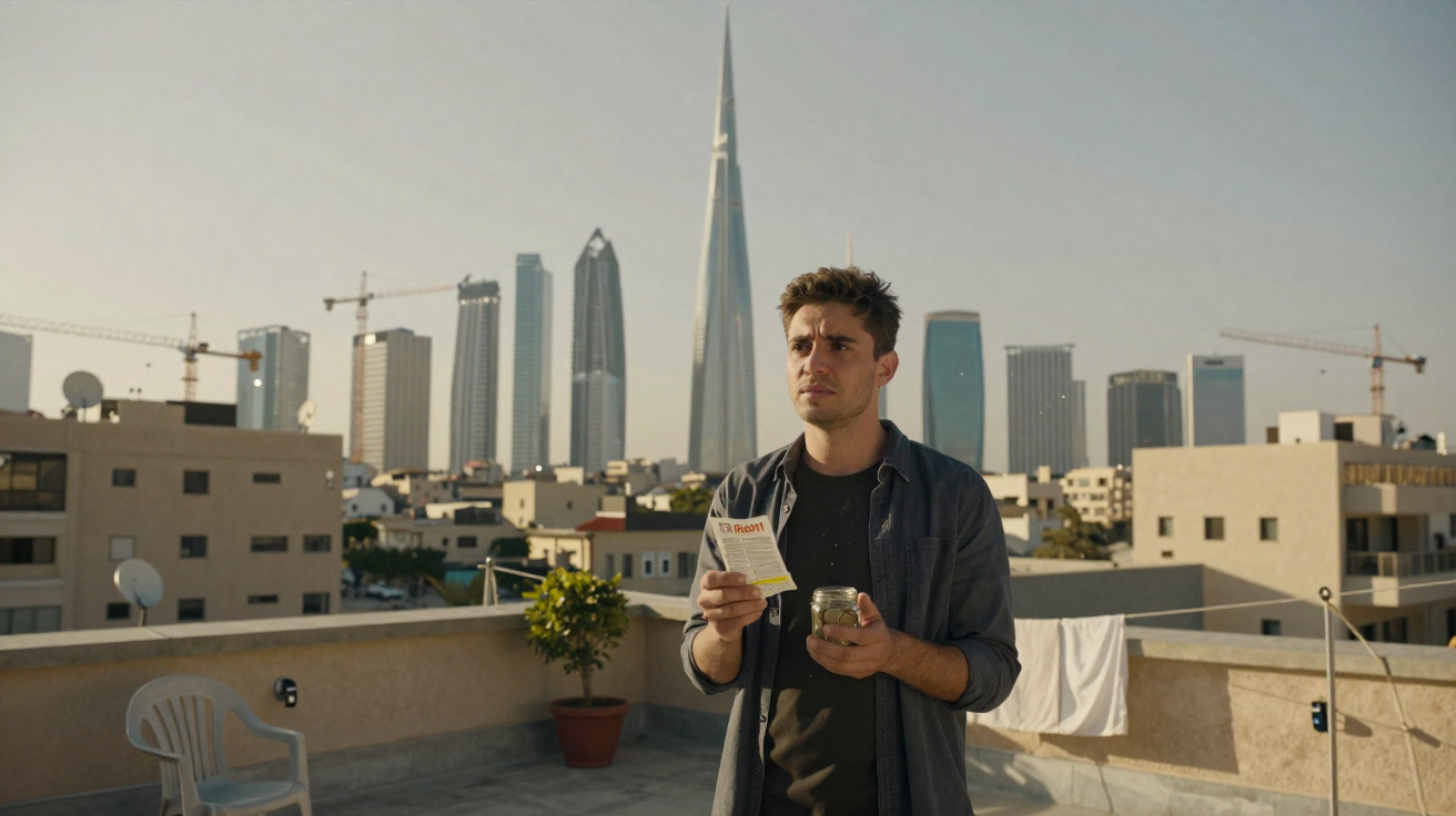 Homem jovem com vela na mão numa varanda, com skyline de arranha-céus ao fundo ao pôr do sol.