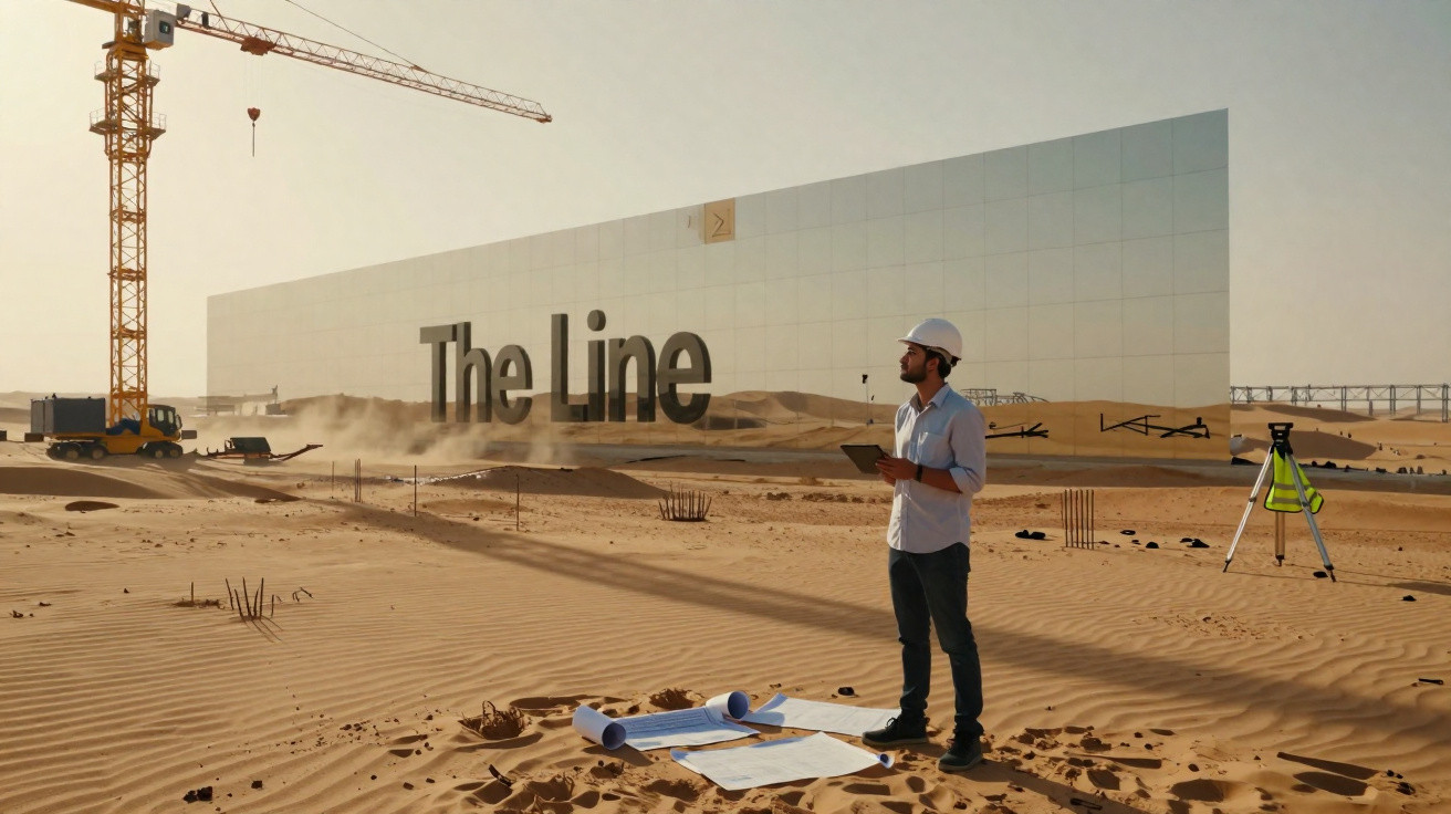 Engenheiro de capacete com tablet em área desértica junto a grandes placas espelhadas com texto "The Line".