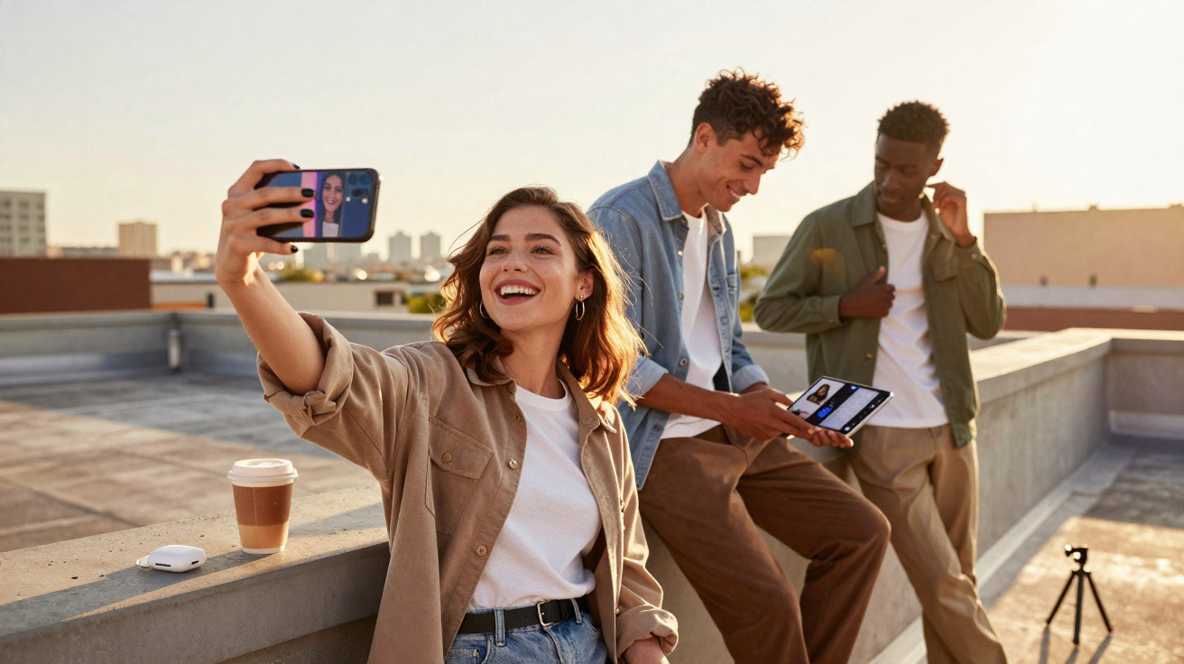 Jovem a tirar selfie com smartphone, acompanhado de dois amigos num terraço ao pôr do sol, com café e auscultadores.