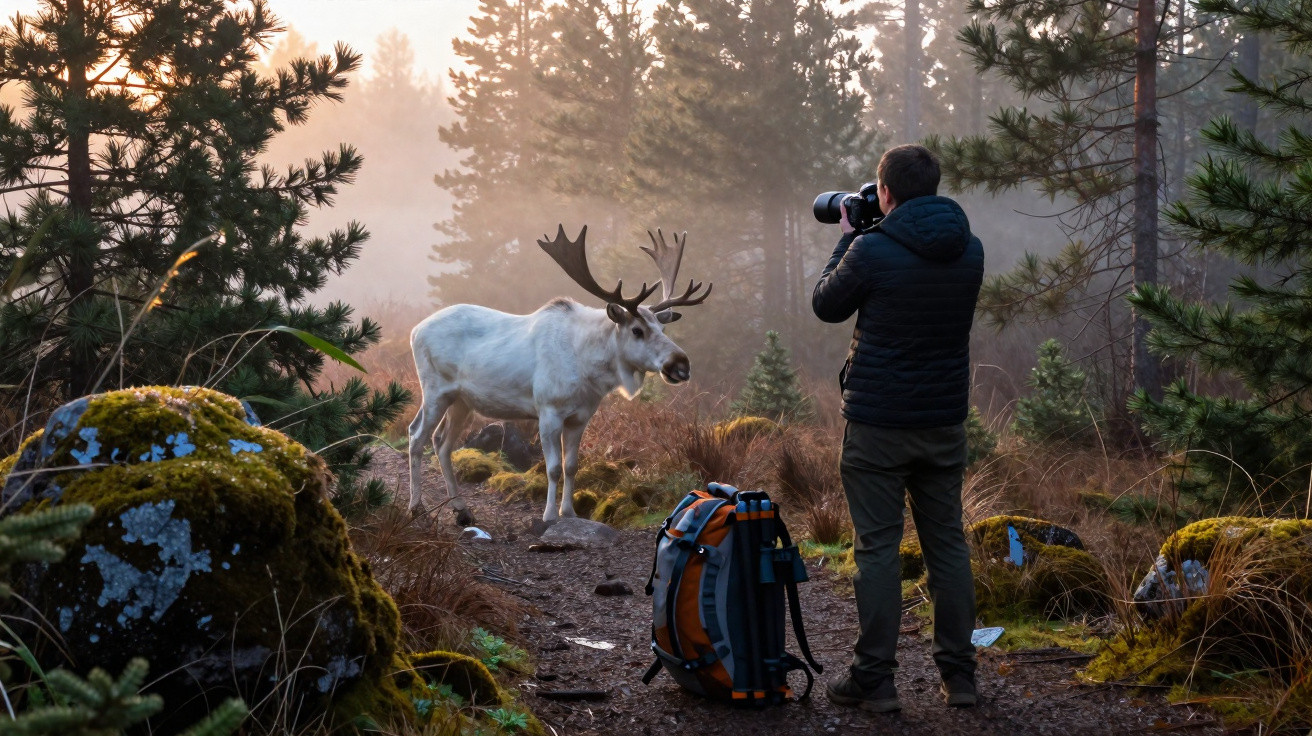 Fotógrafo a tirar fotos a um veado branco com grandes galhadas numa floresta nevoenta.