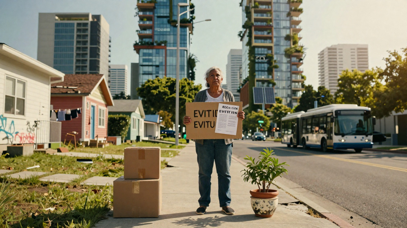 Pessoa idosa com placas de protesto em rua urbana, com caixas e planta em vaso na calçada.