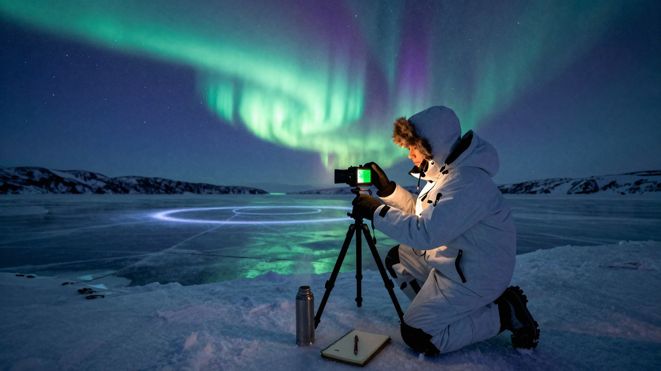 Pessoa vestida com roupas de inverno a fotografar a aurora boreal numa paisagem nevada e congelada.