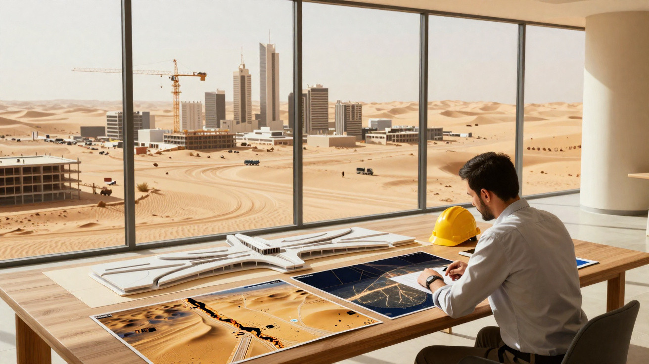 Engenheiro a analisar mapas e modelo de construção enquanto observa cidade em desenvolvimento no deserto pela janela.