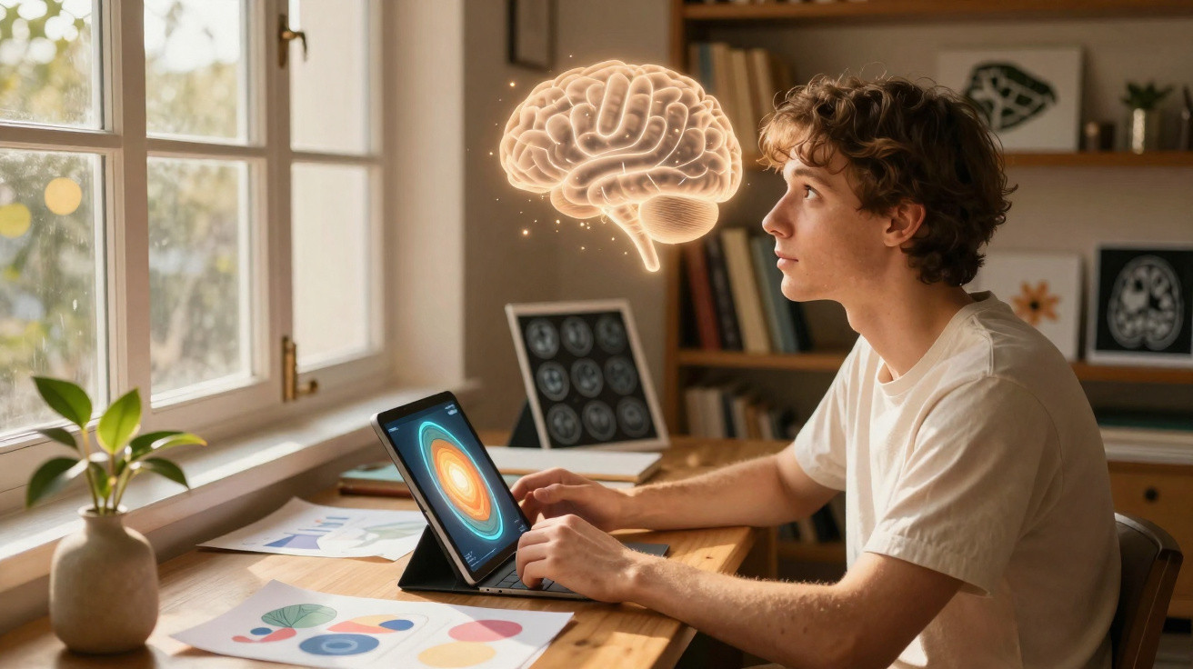 Rapaz sentado a trabalhar num tablet com ilustração luminosa de cérebro em escritório iluminado pela janela.