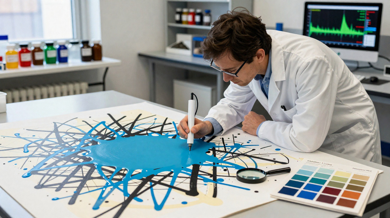 Homem com bata de laboratório usa caneta digital para analisar manchas de tinta azul e preta numa mesa.