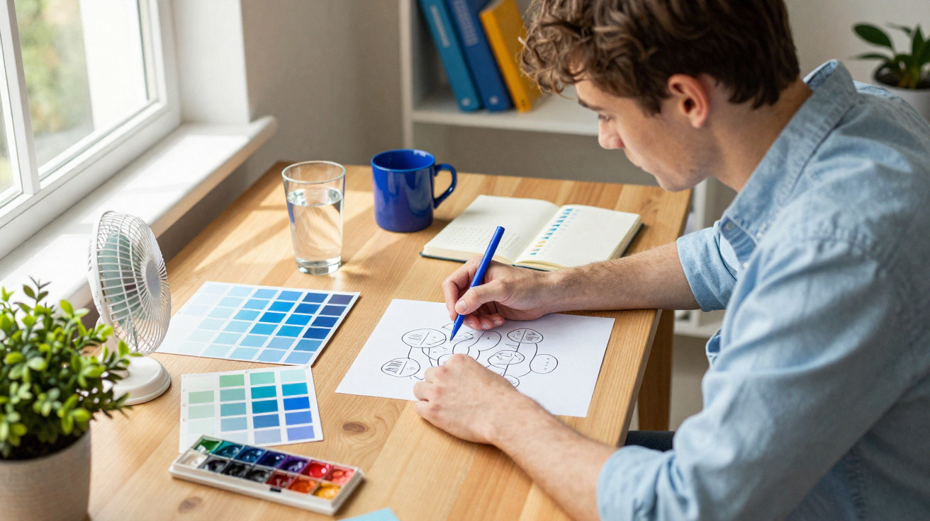 Homem a desenhar esquema numa mesa com amostras de cores, aguarelas e caderno aberto.