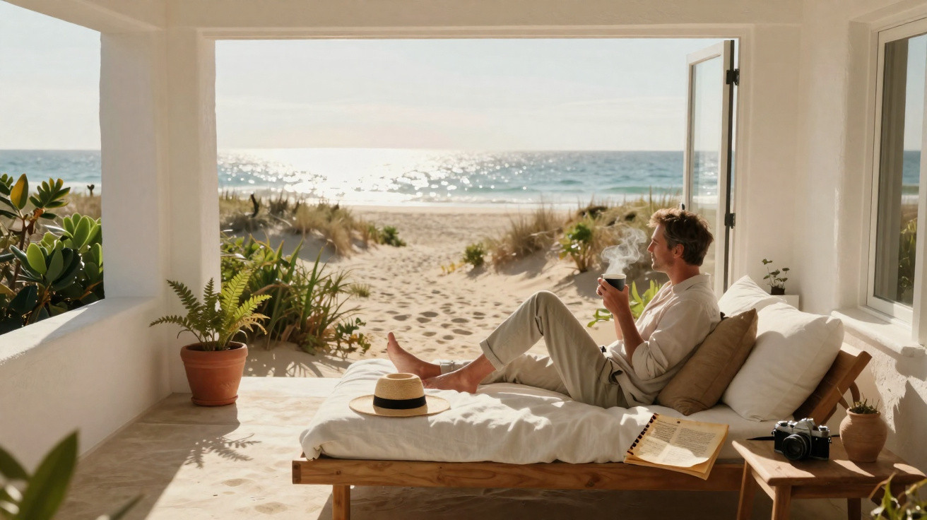 Homem sentado numa cama frente à praia, a beber café, numa varanda com vista para o mar e plantas.