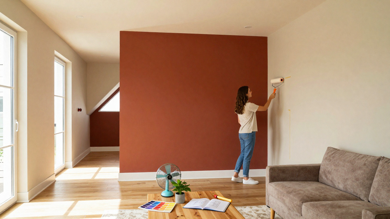Mulher a pintar parede branca numa sala com sofá castanho e mesa de madeira.