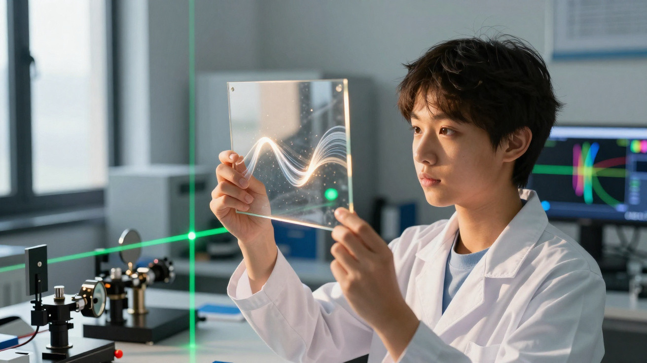 Jovem cientista em bata branca analisa painel transparente com gráficos num laboratório moderno.
