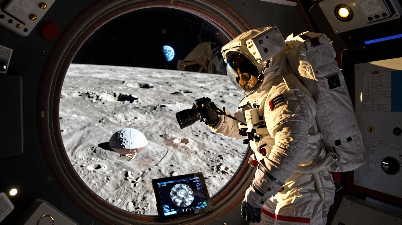Astronauta dentro de módulo lunar a tirar fotografia com vista da Lua e da Terra ao fundo.