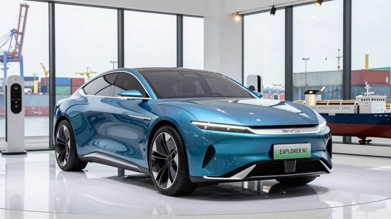 Carro elétrico azul moderno estacionado em espaço interior com janelas grandes e vista para contentores e porto.