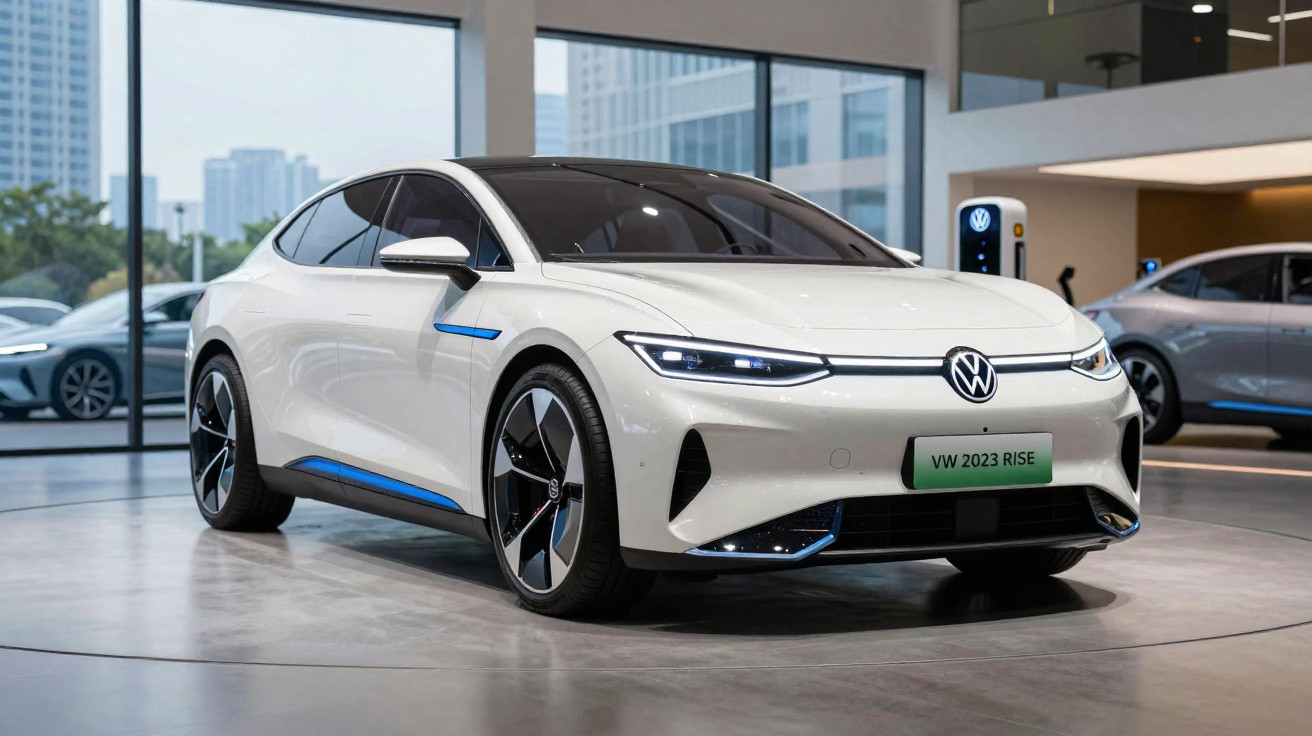 Carro elétrico Volkswagen branco modelo 2023 Rise exibido em showroom moderno com janelas grandes.