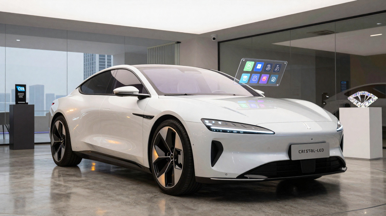Carro eléctrico branco futurista em exibição numa sala moderna com chão polido e paredes de vidro.