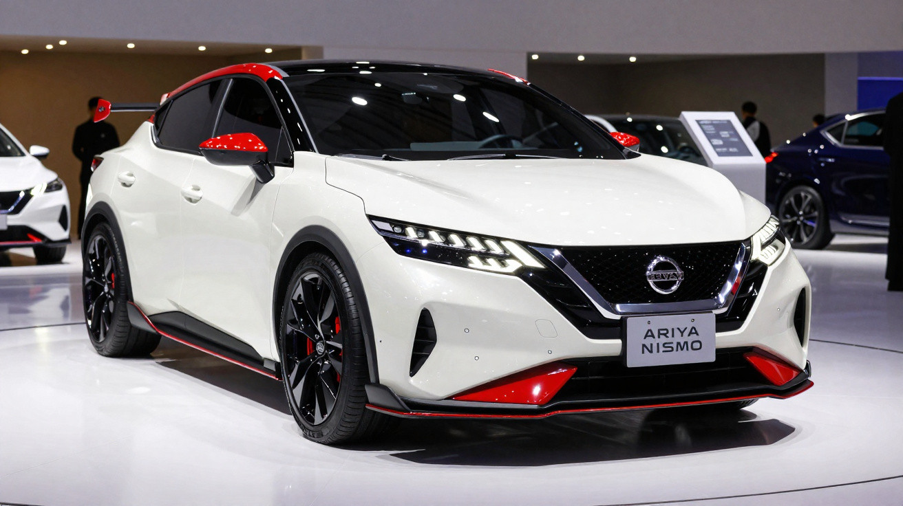 Nissan Ariya Nismo branco com detalhes vermelhos exposto em salão automóvel.