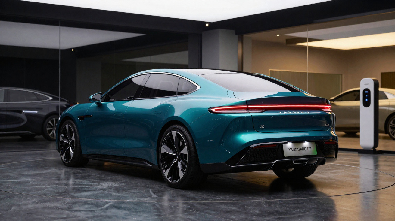 Carro elétrico desportivo e moderno, verde metálico, estacionado em garagem com carregador ligado.