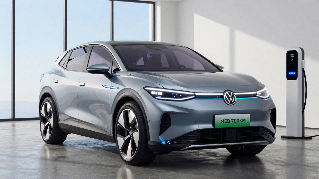 Carro elétrico Volkswagen num espaço moderno, ligado a um carregador de bateria interior.