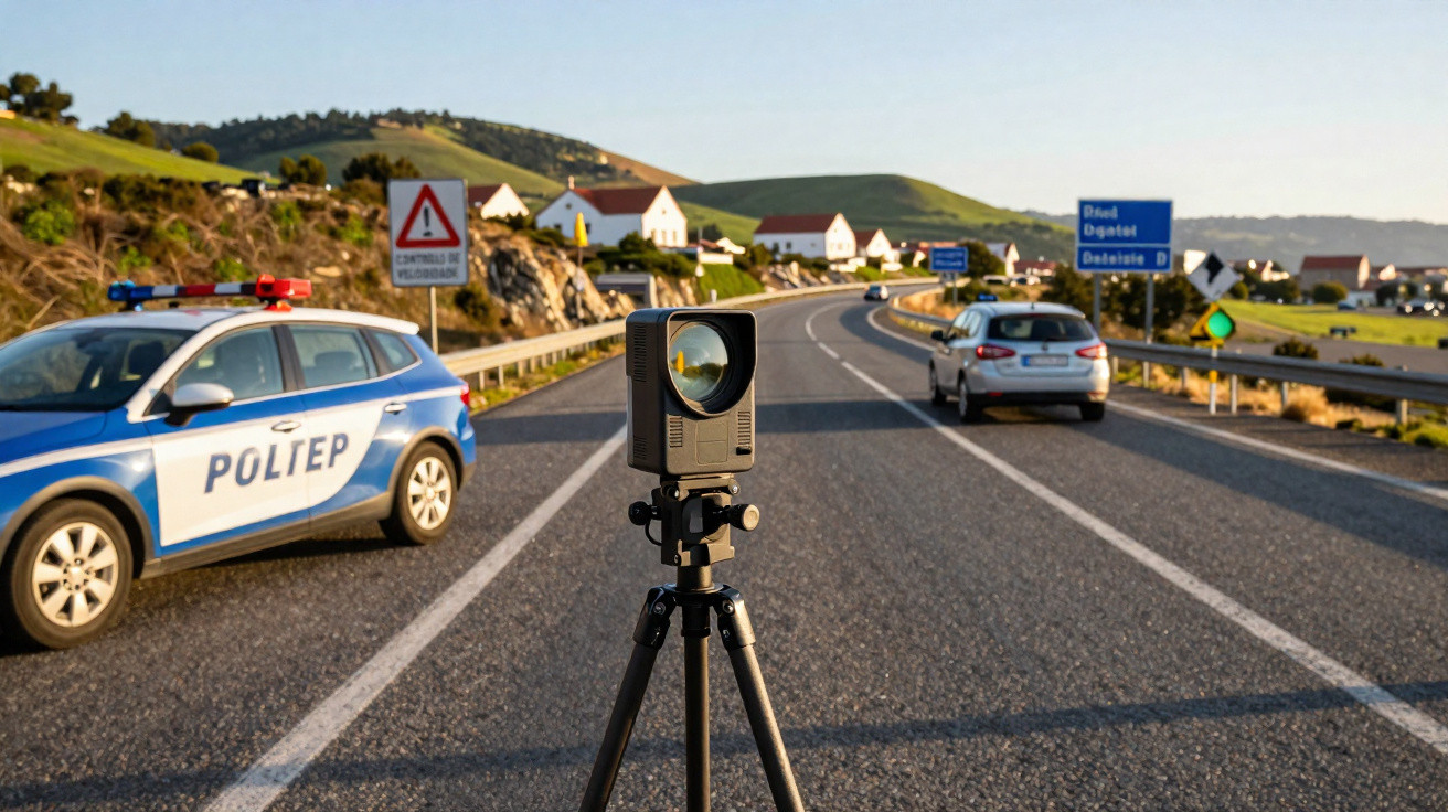 Radar policial montado numa estrada com carro da polícia estacionado e veículo a circular numa zona rural.