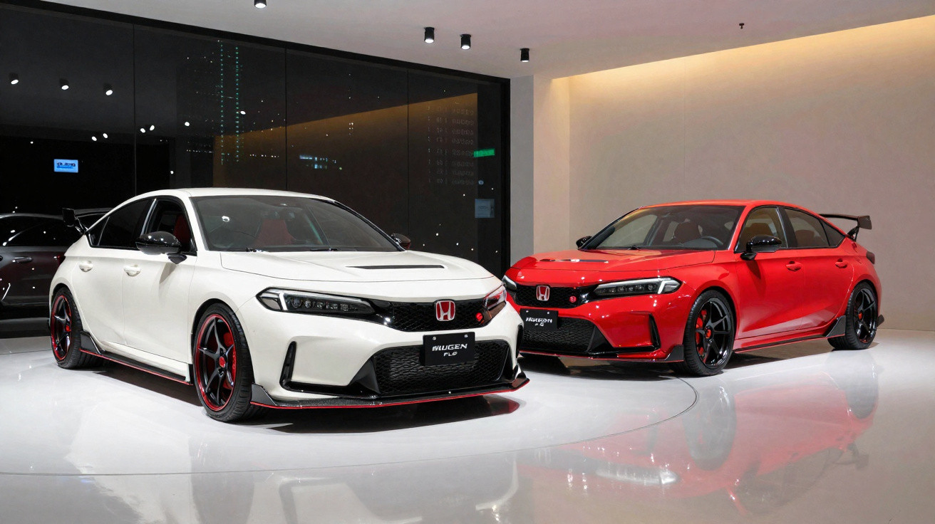 Dois carros desportivos Honda Mugen, um branco e um vermelho, exibidos em showroom moderno com chão brilhante.