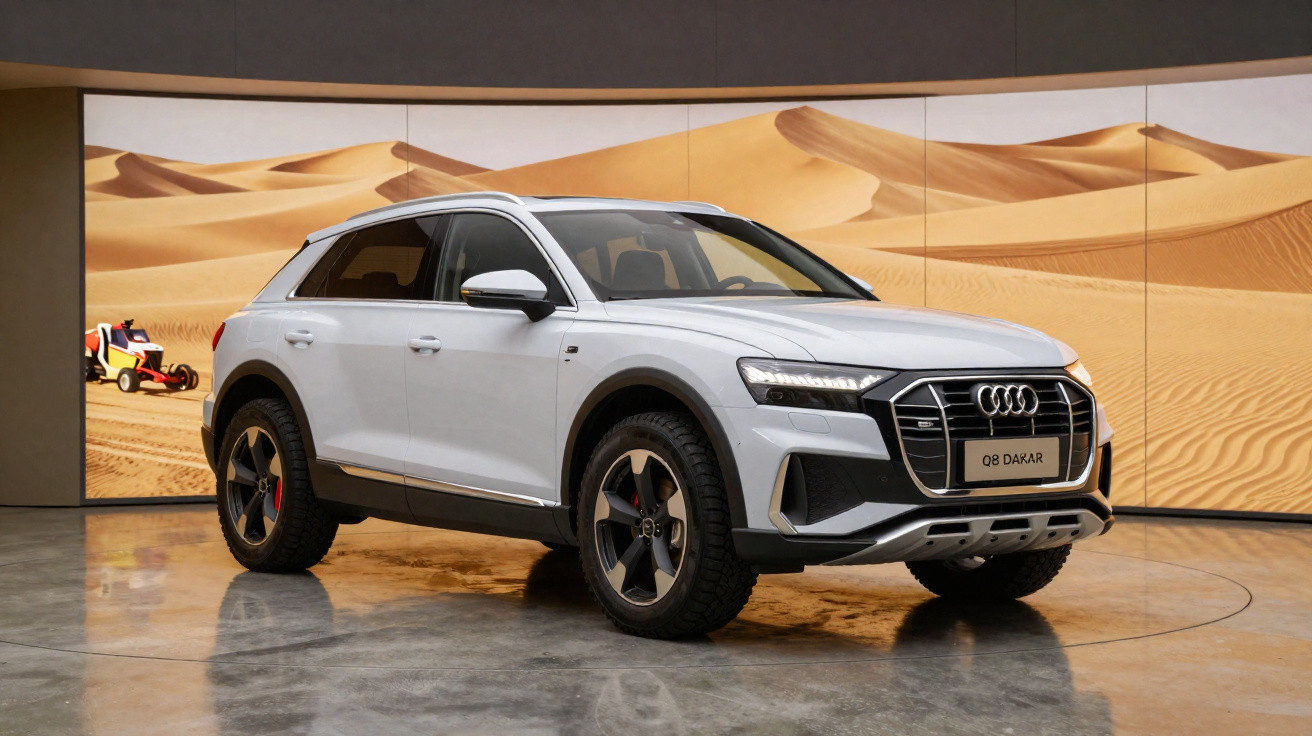 Audi Q8 Dakar branco em exposição com fundo digital de dunas de areia do deserto.