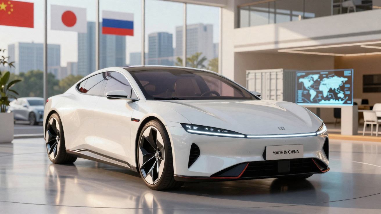 Carro elétrico branco moderno em exposição interior com bandeiras da China, Japão e Rússia visíveis.