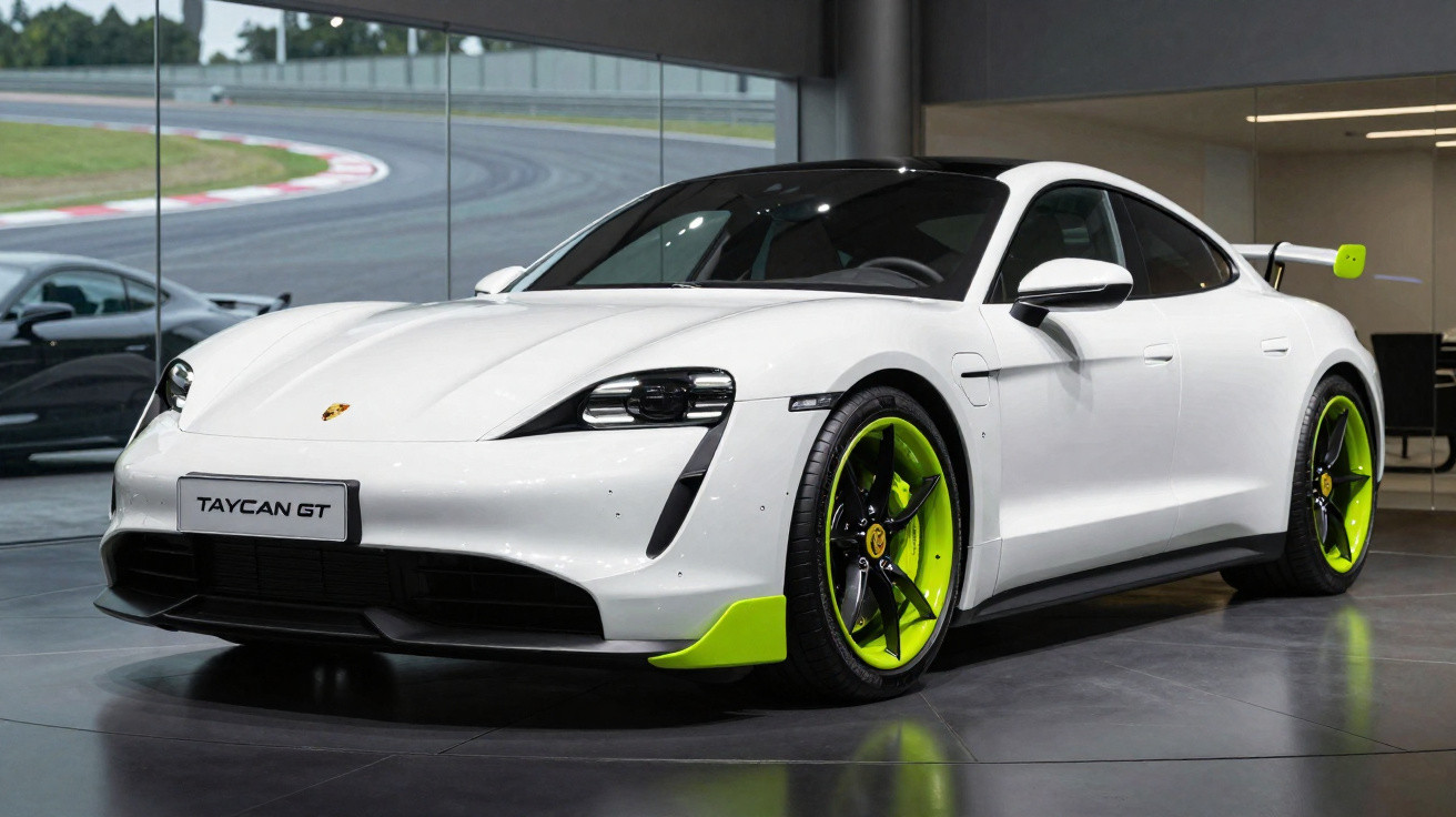 Carro desportivo Porsche Taycan GT branco com detalhes em verde fluorescente estacionado numa garagem moderna.