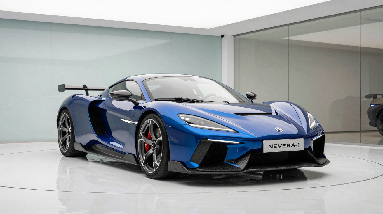 Carro desportivo azul metálico em exposição numa sala moderna com parede de vidro e iluminação branca.