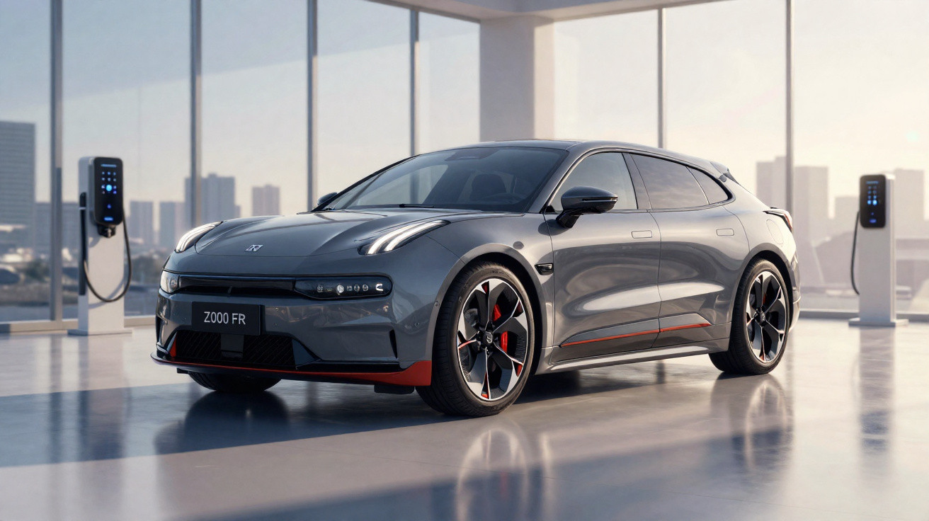 Carro elétrico cinza escuro Z000 FR estacionado em espaço moderno com carregadores elétricos junto a janelas.