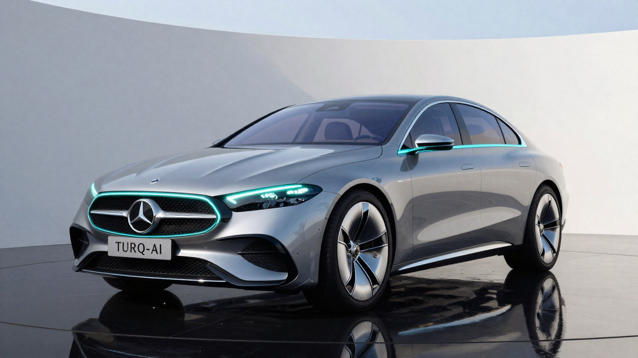 Mercedes-Benz sedã elétrico cinza com luzes LED azuis e rodas aerodinâmicas em fundo neutro.
