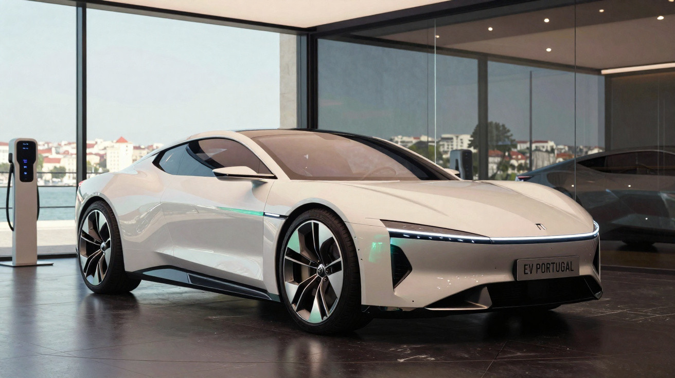 Carro elétrico branco de design futurista estacionado num showroom com carregador ao lado.