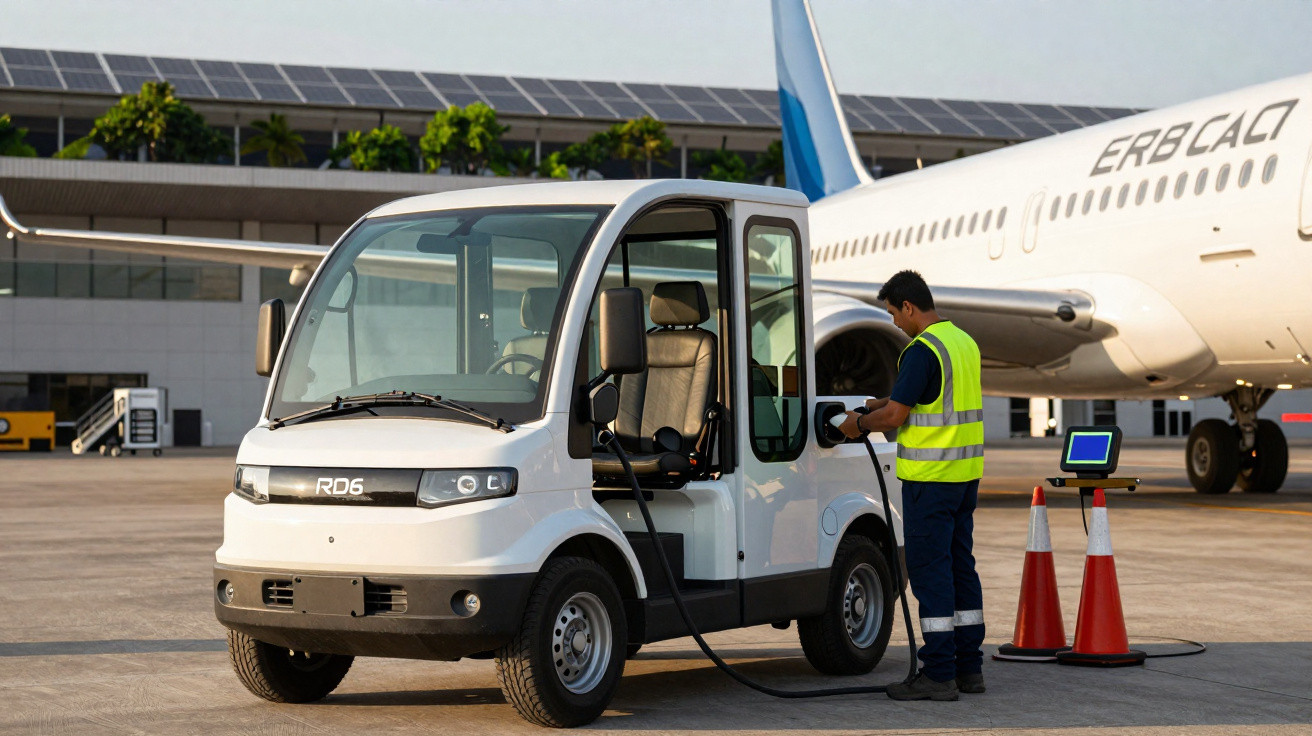 Trabalhador abastece carro elétrico branco no aeroporto, com avião estacionado ao fundo.