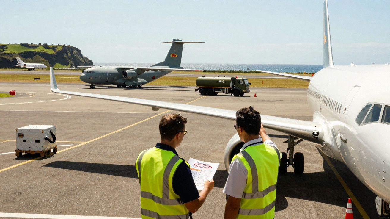 Dois trabalhadores de colete refletor observam avião no aeroporto com outro avião militar e camião tanque ao fundo.