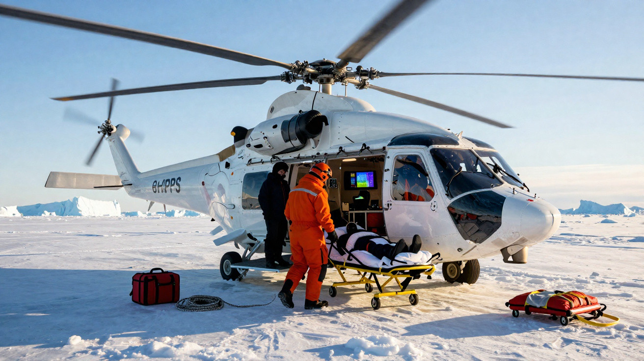 Helicóptero branco numa paisagem nevada com equipa a transportar paciente numa maca para evacuação médica.