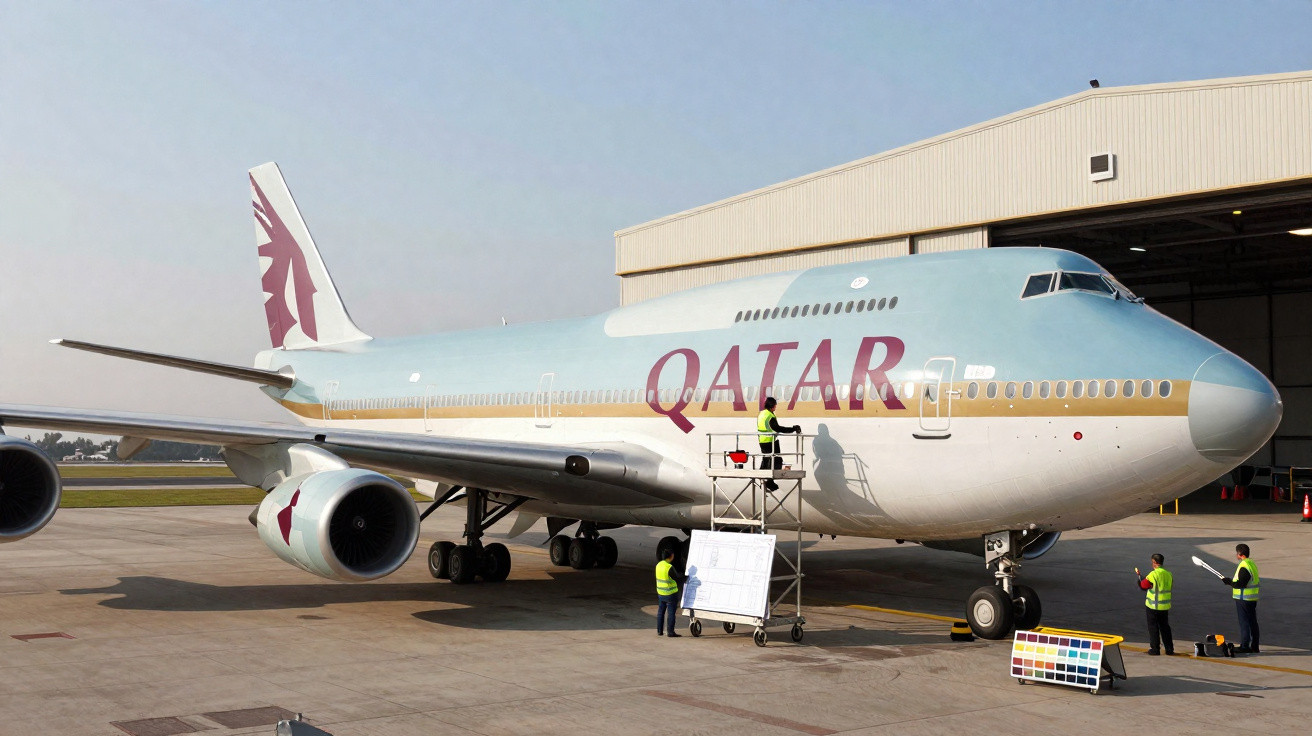 Avião da Qatar Airways estacionado junto a hangar, com técnicos em coletes refletores a inspeccionar a fuselagem.
