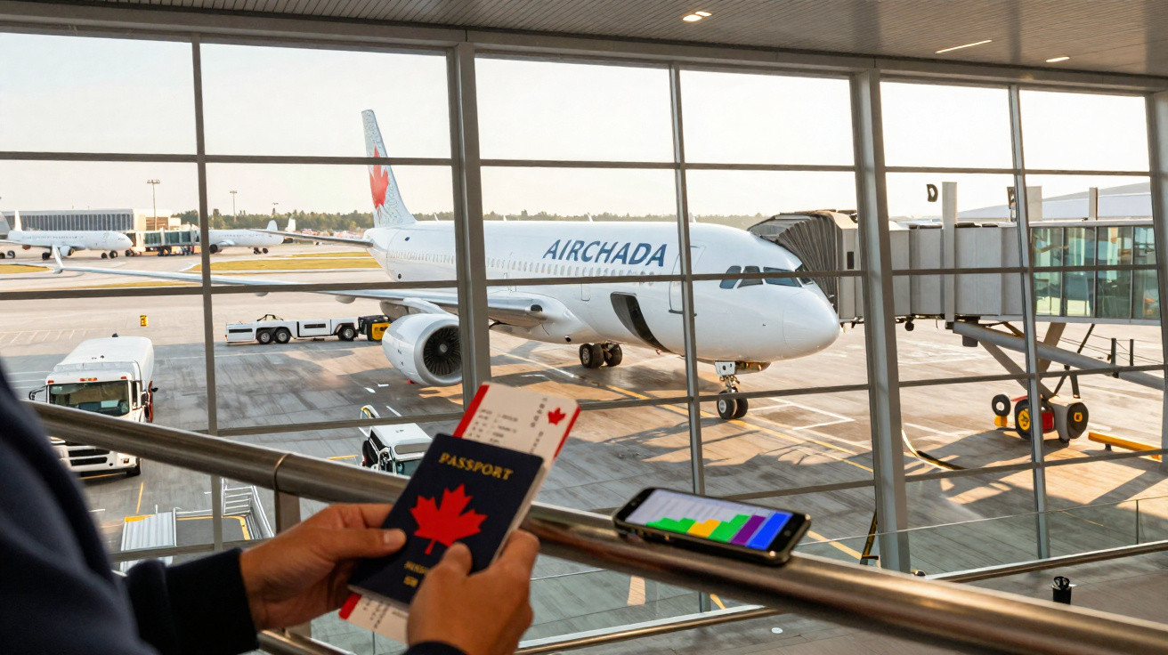 Pessoa a segurar passaporte e cartão de embarque numa sala de espera com avião da Air Chada no portão de embarque.