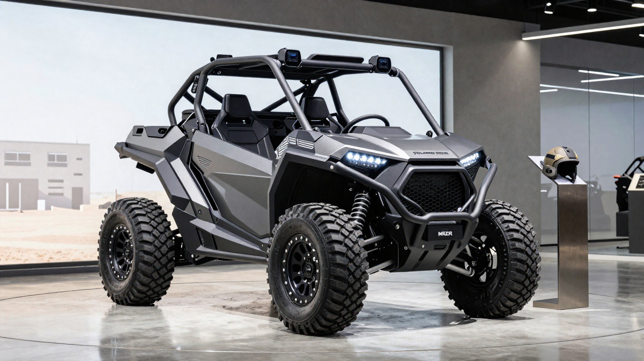 Veículo utilitário off-road cinzento com quatro rodas grandes e assentos em exposição interior.