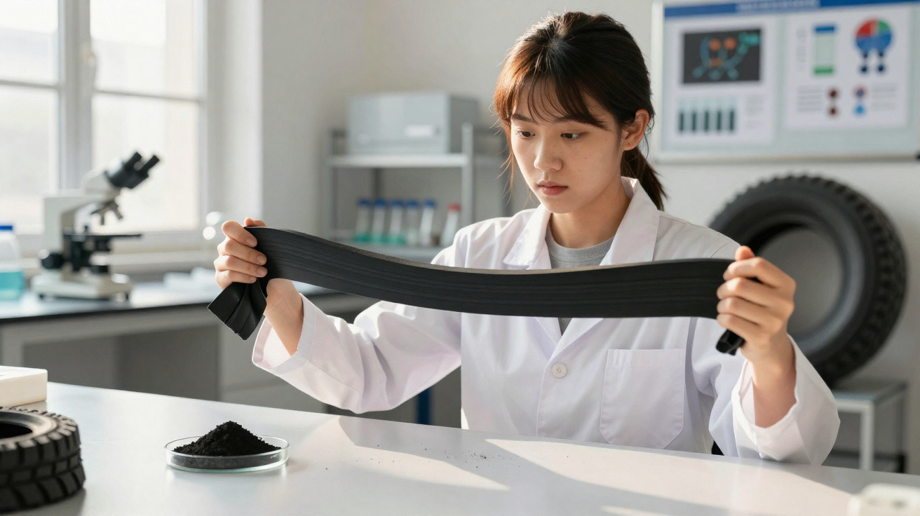 Mulher cientista em bata branca examina material de borracha preta num laboratório moderno.