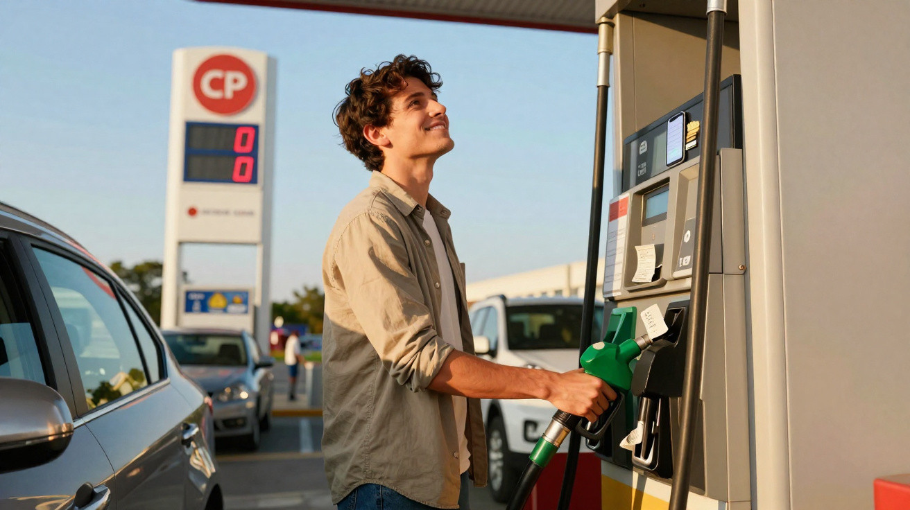 Homem jovem a abastecer combustível num posto de gasolina num dia soalheiro.