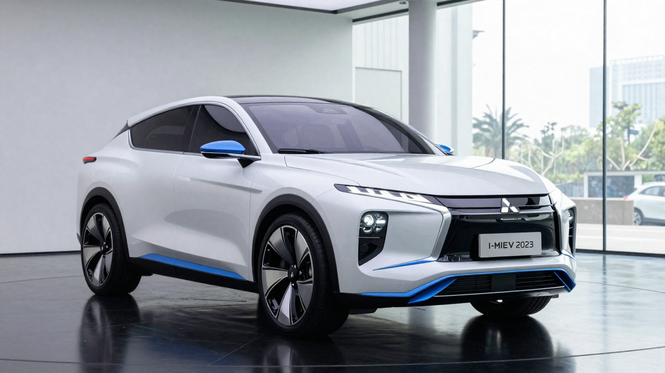 Carro elétrico branco Mitsubishi I-MiEV 2023 estacionado em showroom com janelas grandes.