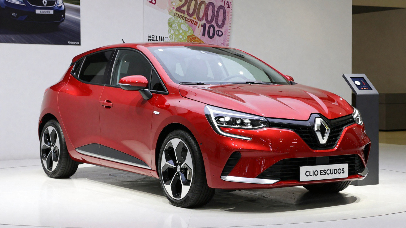 Automóvel vermelho Renault Clio Escudos exposto em salão, com design moderno e detalhes em preto e cromado.