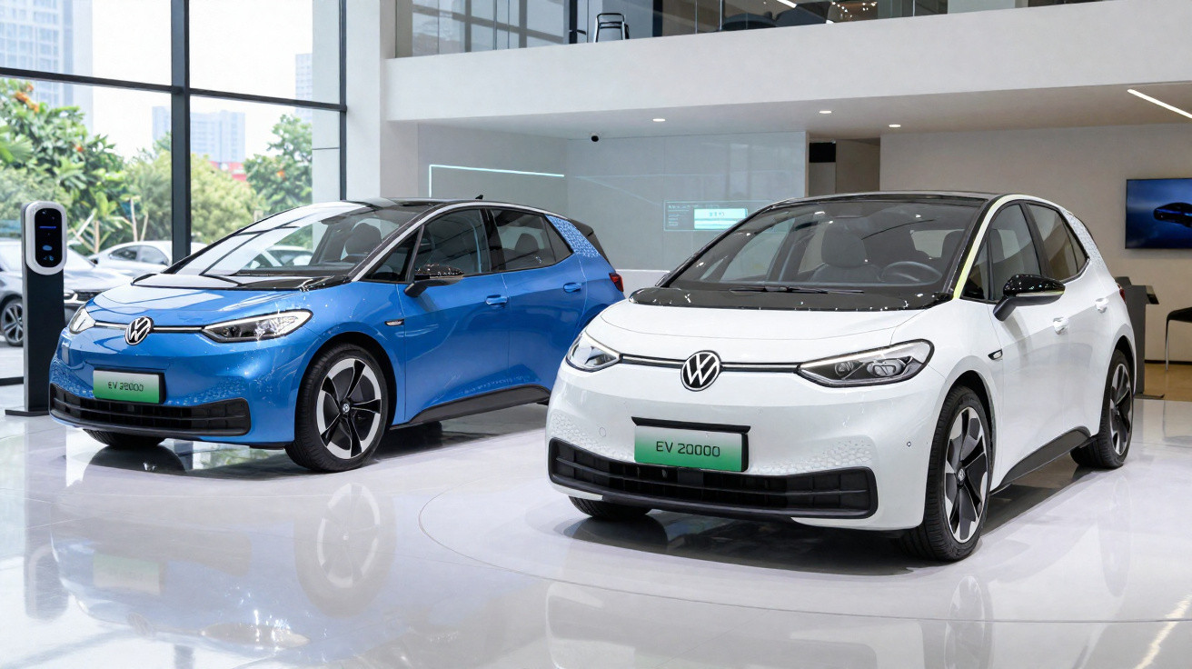 Dois carros elétricos Volkswagen EV 20000, um branco e um azul, em exposição numa sala moderna com janelas grandes.